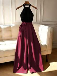 GlowEve Fashionable Elegant Commute 2 In 1 Cold Shoulder Round Neck Tank Top Wide Leg Pants Jumpsuit - Burgundy - View 3