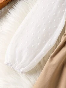 SHEIN 女童編織撞色雙排扣蝴蝶結領休閒洋裝 - 卡其色 - 查看 5