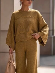 Louniche Autumn/Winter New Elegant Casual Mustard Yellow Twisted Rope Texture Shoulder Batwing Sleeve Short Top Straight Leg Long Pants Daily Commute Women's Fashion Knit Pullover Sweater Two Pieces Set - Yellow - View 6