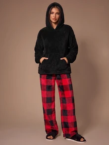 Lazeform American Style Colorblock Plaid Casual Pants With Pure Black Minimalist Top Loungewear Set - Multicolor - View 4