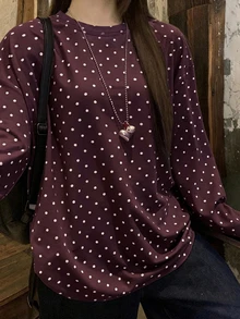Dazy Plus Korean Style Polka Dot Loose Casual Versatile Brown Long Sleeve T-Shirt - Brown - View 1