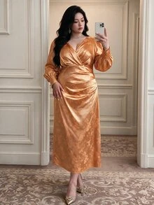 Vibekara 春季新款優雅度假公主風甜美提花紋理布料V領抓皺胸前泡泡長袖收口女式正式舞會禮服 - 橘色 - 查看 7