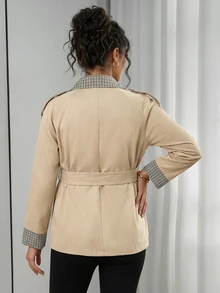 Momance Áo trench ngắn bầu phối cổ caro patchwork màu xám, phong cách công sở thanh lịch, cổ điển, thường ngày cho mùa thu - Màu Khaki - Xem 2