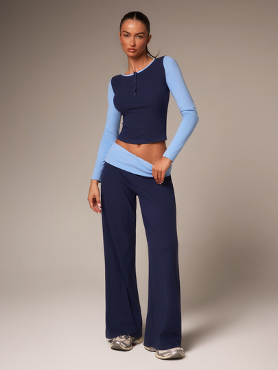 Athîral Women's Casual 2 Pieces Set, Colorblock Blue Half-Open Front Long Sleeve Fitted Top And Folded Waist Long Pants, Suitable For Autumn/Winter, Casual Daily, Outings, Commuting, Dating, Home, Sports, Pilates
