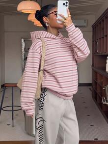 Muchica 女款條紋長袖休閒寬鬆運動衫 - 粉色 - 查看 4