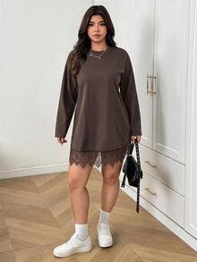 SHEIN EZwear 秋冬巧克力棕大尺碼女款對比蕾絲下擺洋裝 - 巧克力棕 - 查看 5