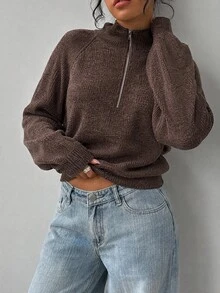 SHEIN BASICS Women's Raglan Long Sleeve Half-Zip Casual Sweatshirt - Coffee Brown - View 2