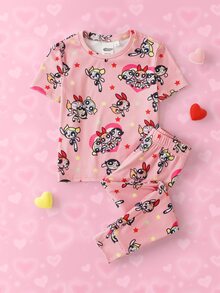 THE POWERPUFF GIRLS X SHEIN 女童圓領短袖上衣與長褲居家休閒套裝 - 粉色 - 查看 1
