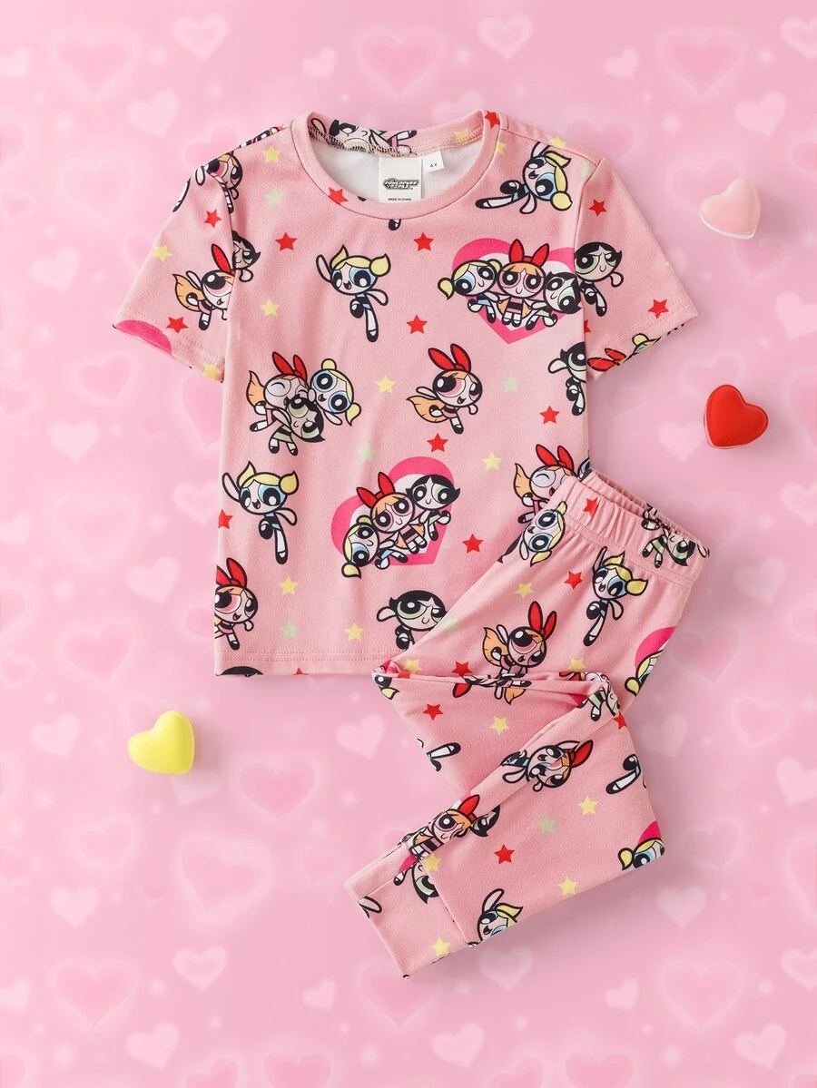 THE POWERPUFF GIRLS X SHEIN 女童圓領短袖上衣與長褲居家休閒套裝 - 粉色 - 查看 1