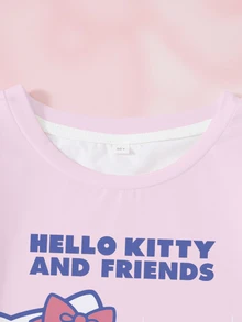 HELLO KITTY AND FRIENDS | SHEIN تي شيرت كاجوال يومي بأكمام قصيرة للبنات المراهقات بطبعة كرتونية وحروف - أبيض - مشاهدة 3