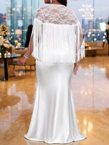 Fleurora Plus Size Women's Elegant Dress With Contrast Lace, Tassel Design And Mermaid Hem - White - View 2
