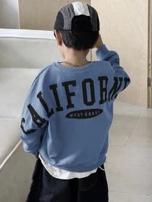 SHEIN Little Byeori 兒童 1件大童男孩淺灰色字母圖案厚款運動衫，休閒學院風寬鬆版型街頭風，適合上學、秋季、開學季、日常穿著 - 藍色 - 查看 3