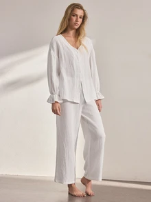 Ocili Women's Solid Color V-Neck Top And Pants Casual Daily Homewear Set - White - View 6