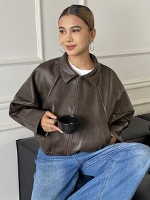 DAZY Women's Elegant PU Material Jacket With Pockets And Zipper - Brown - View 9