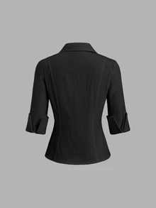 Sweetra Black Lapel Zipper Waist-Cinching Lightweight Commuter Style Blouse - Black - View 2