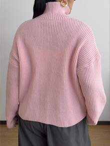 POPSWAY Plus Size Women Solid Color Dropped Shoulder Long Sleeve Zip-Up Knit Cardigan - Pink - View 2