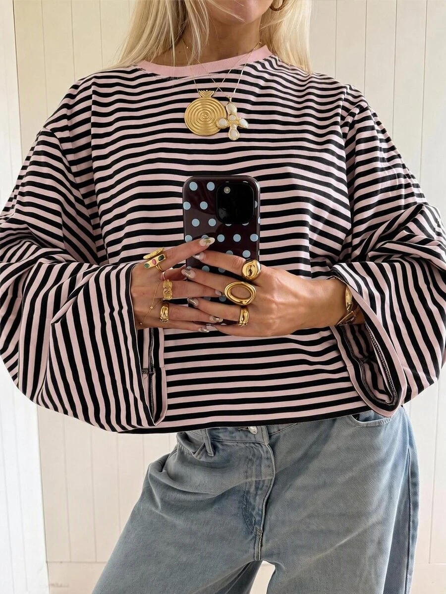 SHEIN EZwear 海外長袖草莓深巧克力條紋上衣,秋季襯衫,適合日常通勤、聚會、秋冬/夏季、聖誕節、新年、感恩節、派對、婚禮、海灘、畢業典禮、優雅、外出、約會、通勤、情人節、優雅、度假、Y2K、畢業典禮等場合 - 彩色 - 查看 1