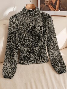 SHEIN Clasi 女款豹紋高領長袖收腰時尚襯衫 - 灰色 - 查看 5