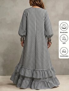 Linhara CURVE 2026新款大尺碼休閒條紋圓領長袖燈籠袖拼接荷葉邊女款長洋裝 - 黑與白 - 查看 2