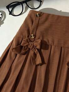 Tween Girls Brown Pleated Mini Skirt, Bow Button Decor A-Line Skirt, Sweet Preppy Style For Autumn - Rust Brown - View 8
