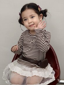DAZY Baby Girl Round Neck Striped Bow Embroidery Long Sleeve Top - Black and White - View 4