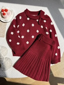 Young Girl Fashion Jacquard Long Sleeve Sweater And Pleated Mini Skirt Set For Outing - Red - View 3