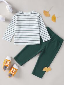SHEIN Playful Pals 2件組幼兒男童亨利領上衣+長褲，學院風深綠色華夫格條紋鈕扣長袖圓領休閒派對秋季運動腰部款 - 軍綠色 - 查看 2