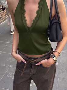 Firerie Women's Spring/Summer Elegant Exquisite Romantic Fashion Commute Urban Modern Vacation Casual Daily Music Festival Deep V-Neck Halter Neck Bow Tie Lace Patchwork Backless Satin Coffee Color Blouse Top - Army Green - View 4