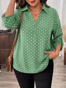 Easowa Curve Plus Size Leopard Print Mid-Sleeve Shirt - Olive Green - View 4