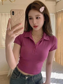 DAZY 女款領口短袖修身性感休閒套頭街頭風T恤 - 淡紫色 - 查看 6