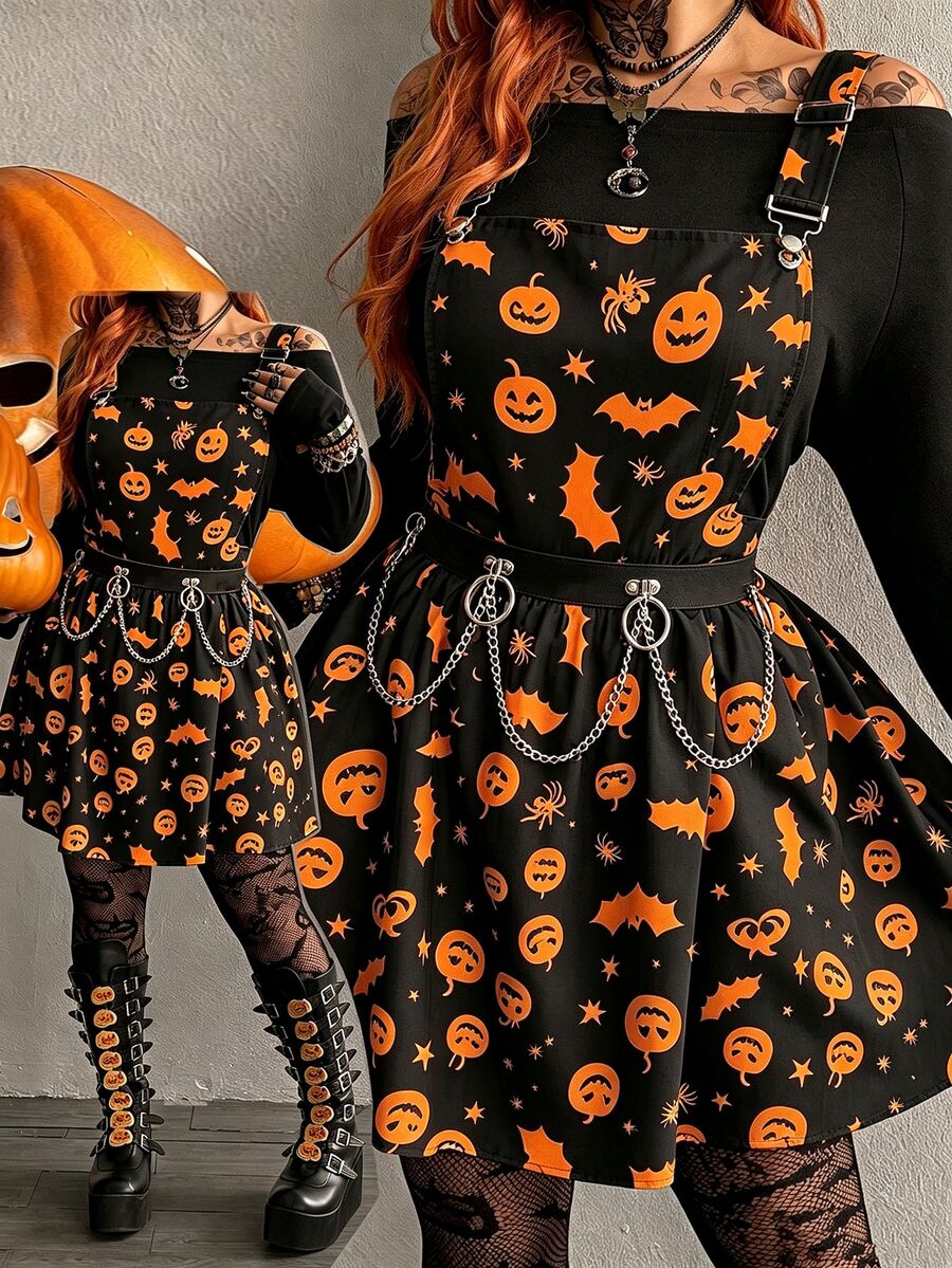 SHEIN Whyspr Plus Size Halloween Print Spaghetti Strap Dress - Multicolor - View 1
