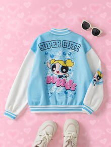 THE POWERPUFF GIRLS X SHEIN Tween Girl Letter Cartoon Print Baseball Collar Jacket - Multicolor - View 3