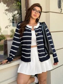 Easura Plus Size Striped Crew Neck Colorblock Knit Sweater - Navy Blue - View 1