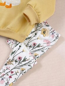 SHEIN 女嬰加厚抓絨套頭秋季衛衣，可愛鴨子刺繡圖案，百搭花朵彈性印花內搭褲套裝，適合冬季 - 黃色 - 查看 6