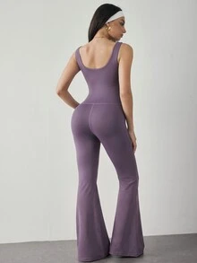 SHEIN Dewbera Minimalist Casual Sports One-Piece Flared Pants - Bold Plum - View 2