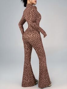 DAZY Jumpsuit Wanita Motif Leopard dengan Resleting Pas Badan - Coklat - View 8