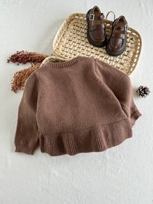 Baby Girl Solid Color Casual Versatile Daily Outing Cardigan - Coffee Brown - View 2