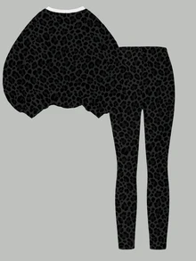 幼童女款圓領運動衛衣與內搭褲套裝 豹紋條紋 黑白 秋冬款 1套 - 彩色 - 查看 2
