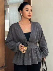 Dazy Plus Spring/Autumn New Korean Solid Color Deep V-Neck Waist-Cinching Long Sleeve T-Shirt - Grey - View 1