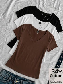 SHEIN EZwear 3件組女款素色V領短袖休閒T恤 - 彩色 - 查看 1