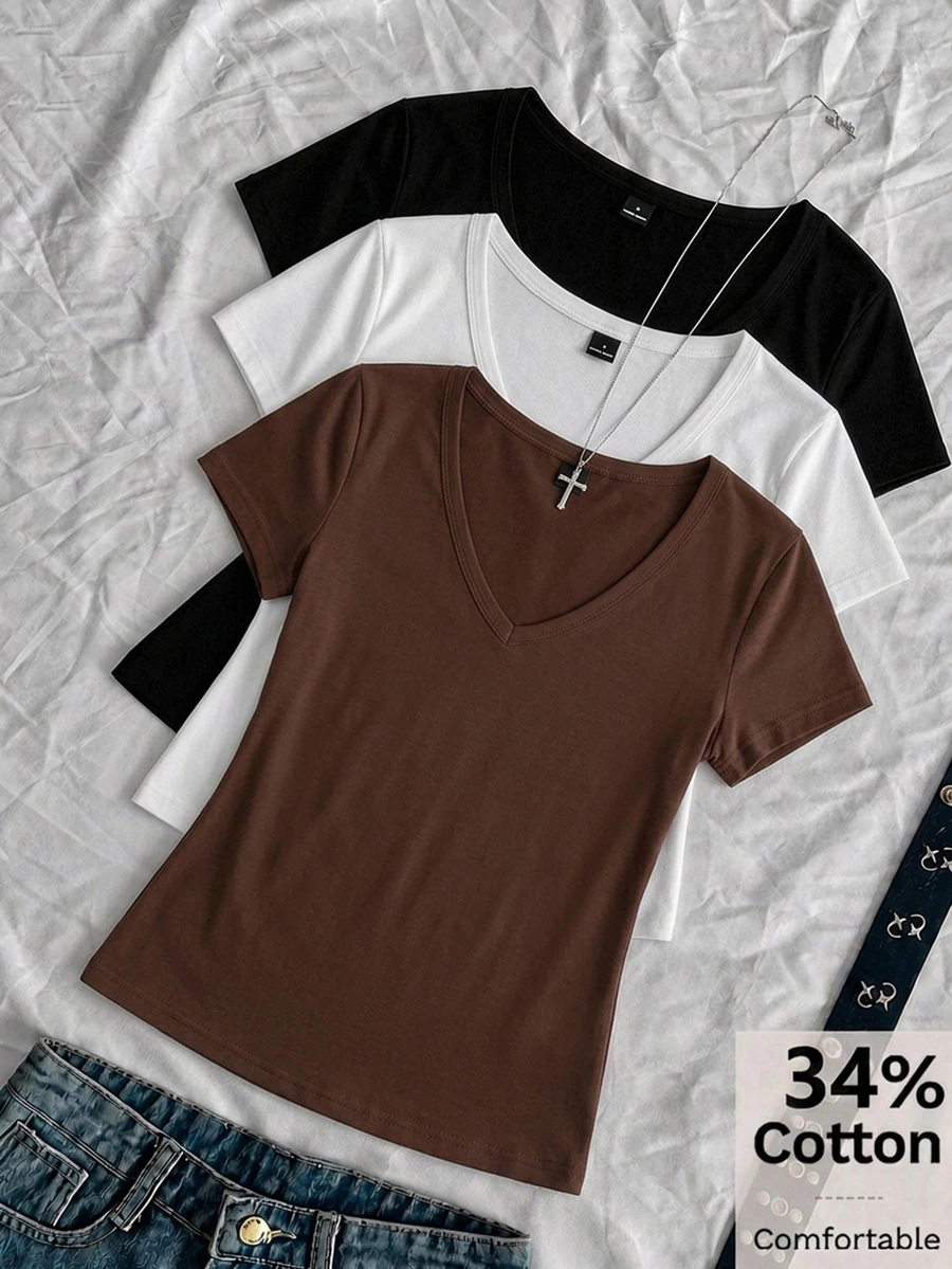 SHEIN EZwear 3件組女款素色V領短袖休閒T恤 - 彩色 - 查看 1