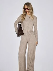 ATUI Studio Slouchy Mixed Yarn Knit Set Women Round Neck Button Cardigan Jacket High Waist Draped Wide Leg Pants 2pcs Set Autumn/Winter Home/Outdoor - Khaki - View 7