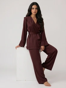 DAZY Women's Solid Color Long Sleeve Waist Knot Top And Long Pants Pajama Set - Brown - View 4