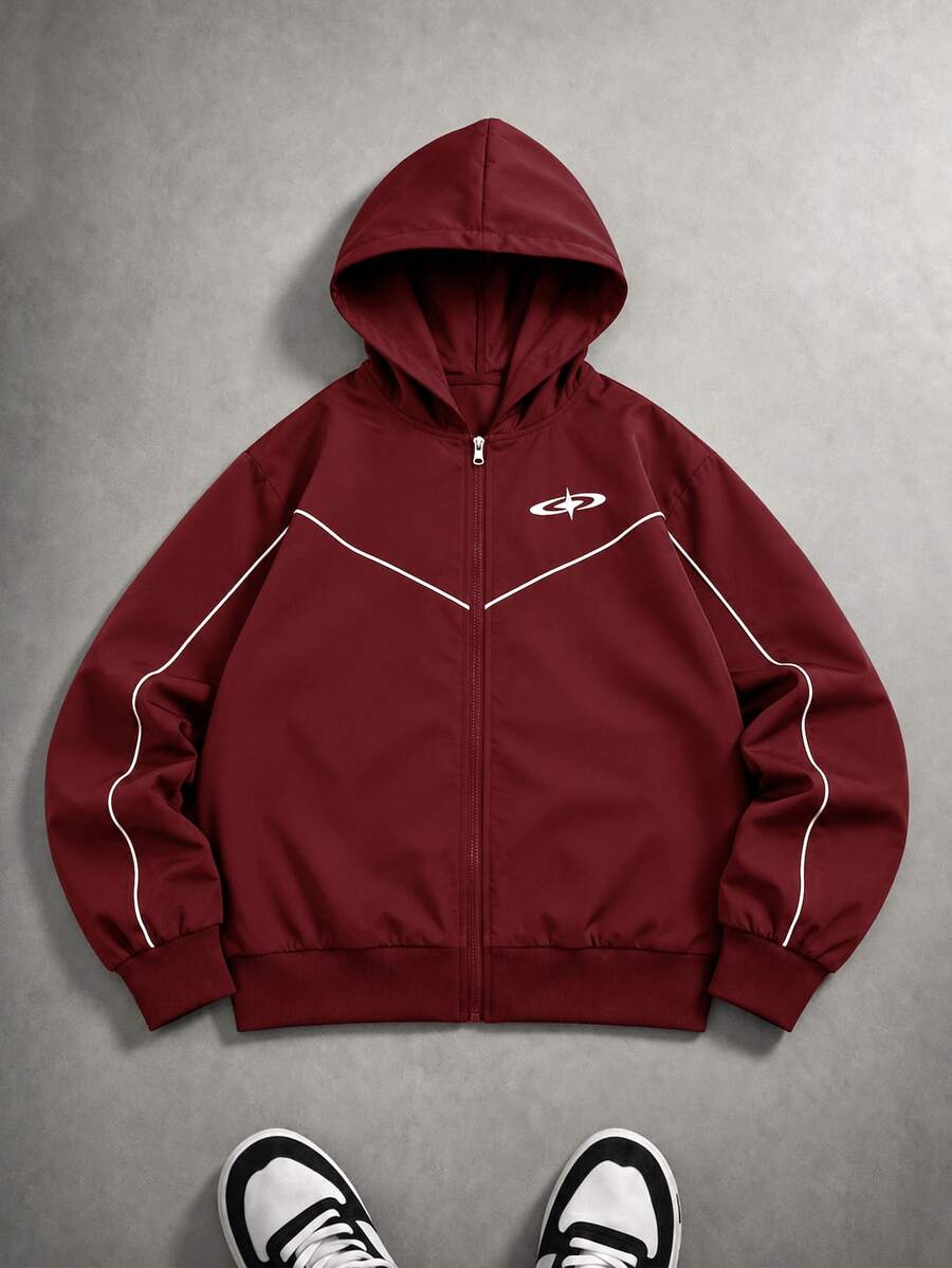 Vacaura American Street Racing Style Line Hooded Jacket, Zipper Hooded Coat, Curved Contrast Stitching Design On Body, Short Loose Fit Flattering And Versatile For All Body Types; Full Zipper Closure For Flexible Styling, Suitable For Daily Wear, Street Style, Spring/Autumn Single Wear, And Early Winter Layering - Burgundy - View 1