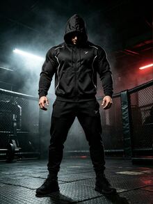 GymBeat Men's Geometric Print Long Sleeve Zip-Up Hooded Drawstring Sports Jacket - Black - View 7