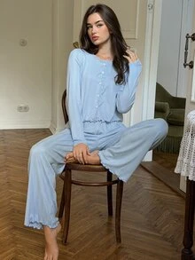 Livesso Women's Solid Color Long Sleeve Top And Long Pants Casual Daily Home Sleepwear Set - Blue - View 1