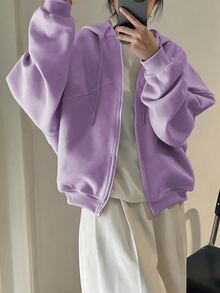 INAWLY 女款純色拉鍊連帽休閒百搭日常穿著運動衫 - 淡紫色 - 查看 4