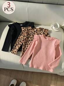 3pcs Young Girl 4-8Y Streetwear Ruffle Leopard Rib-Knit Long Sleeve Cozy Fleece Hoodies Tops Tees School Outdoor Play Fall Winter - Multicolor - View 7
