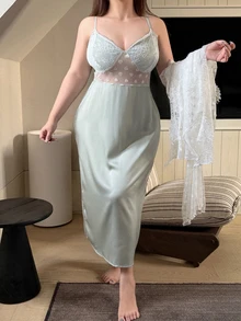 Dazy Plus Romantic Wedding Heart Jacquard Mesh Robe Set, Elegant Lace Patchwork Satin Long Waist-Cinching Nightgown - Mint Green - View 5