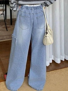 Dazy Plus Vintage Casual 80s Washed Denim Lace Patchwork Waistband Distressed Design All-Season Jeans Club Beach Light Blue - Light Wash - View 2